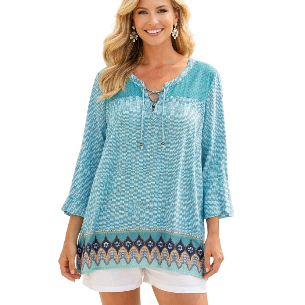 J. Jill Aegean Seashell Boho Top Womens Large Laceup Resortwear Beachy Blouse